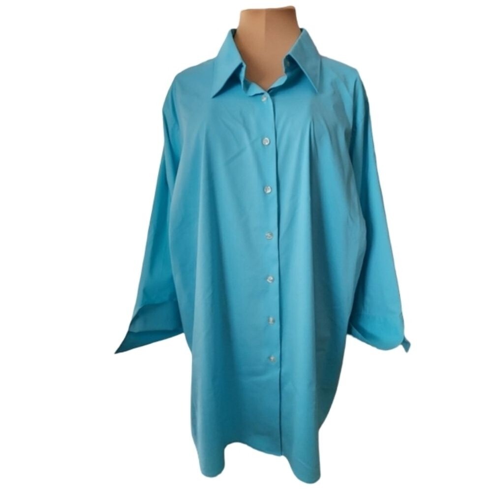 Lands' End Aqua Blue‎ Wrinkle Free Button-up Blouse Women's Plus 26W